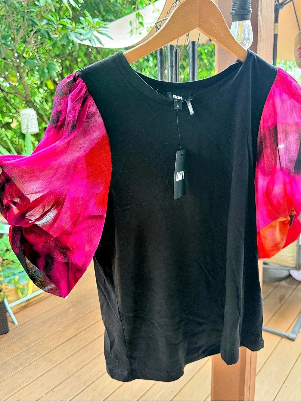 DKNY Chiffon Puff Sleeve Top in Black & Pink